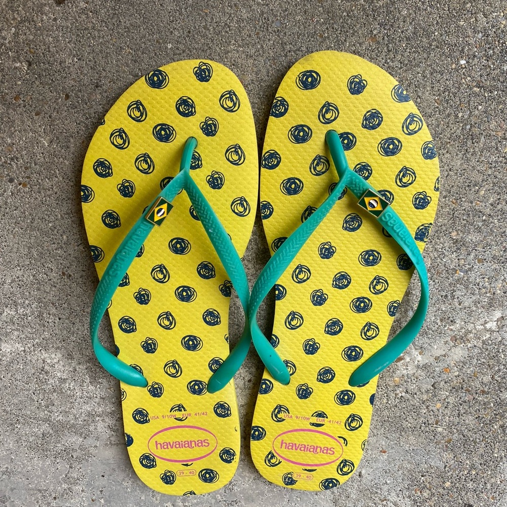 Havaianas Vibrant Slim Fresh Yellow Flip Flops with Teal Straps size 9/10 - Picture 2 of 4